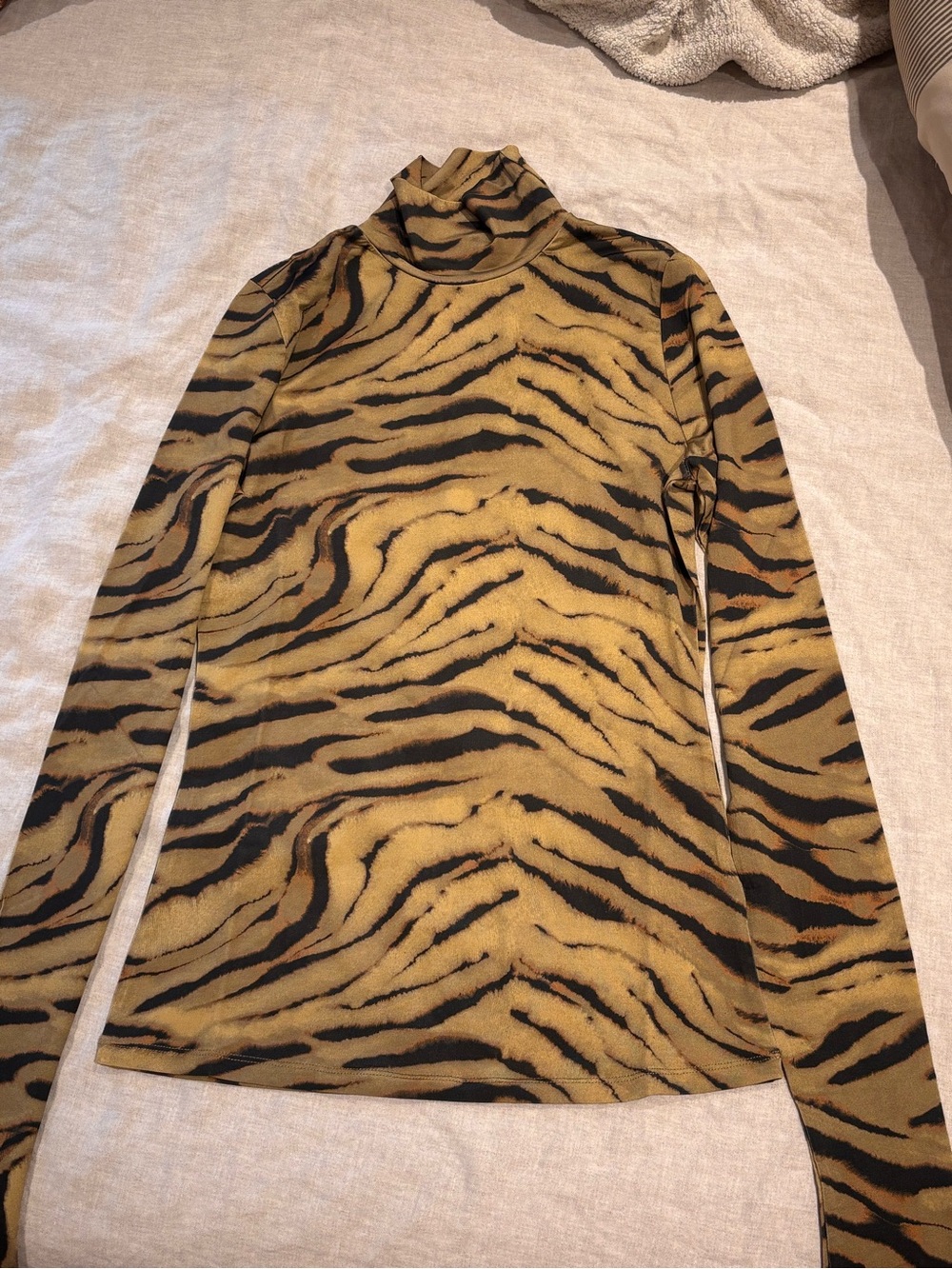 NWT - Ganni Tiger/ Animal Print Mock Neck Long Sleeve Top - Olive & Black